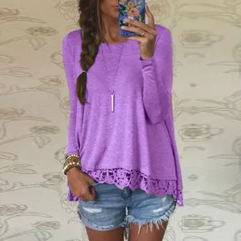 

ZANZEA Spring Autumn Blouses Shirts Women Elegant Casual Loose Long Sleeve O Neck Lace Patchwork Tops Plus Size Solid Bluas 5XL