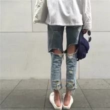 2017 new spring and summer Korea ulzzang Harajuku wind before and after drawing straight hole denim pants pants loophole jeans