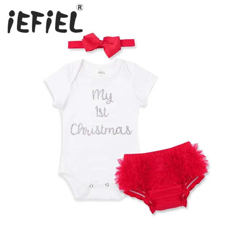 

iEFiEL 3-18M Infant Baby Kids Girls My 1st Christmas Outfit Short Sleeves Romper with Bloomers Headband for Xmas Party Costumes