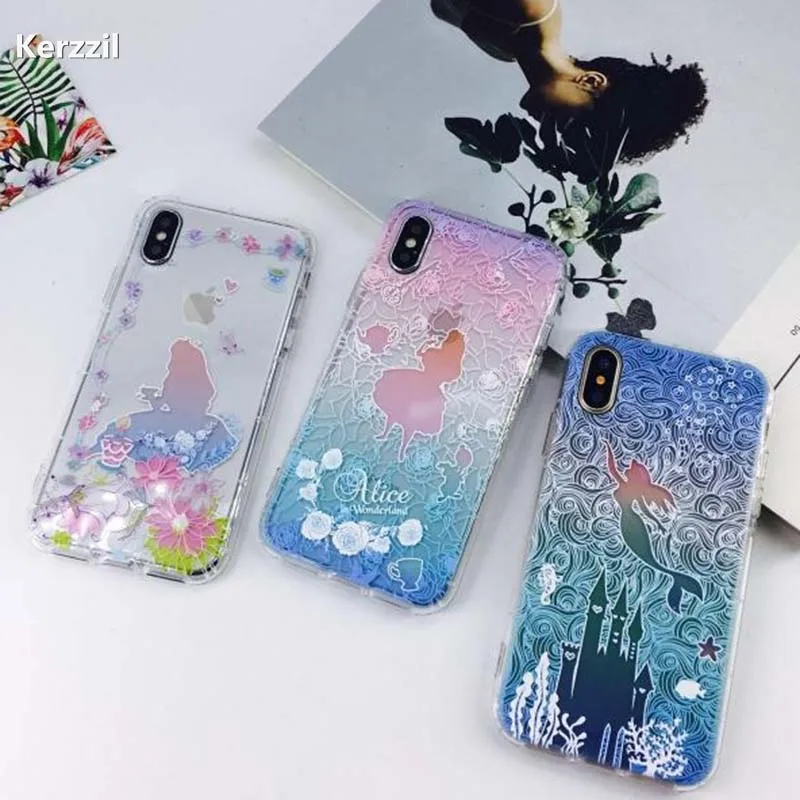 

Kerzzil Relief Princess Mermaid Phone Case For iPhone 8 Case 6 7 6s plus Case For iphone X Soft Coque Cute Cartoon Flowers Cover