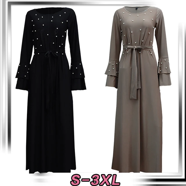 2019 Abaya Dubai Kaftan Islam Qatar Oman Pearls Muslim Hijab Dress