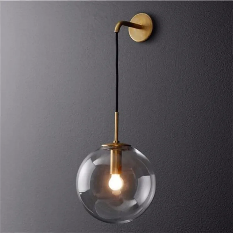 Vintage Retro Simple Loft Metal Glass Ball E27 Wall Lamp for Bedroom