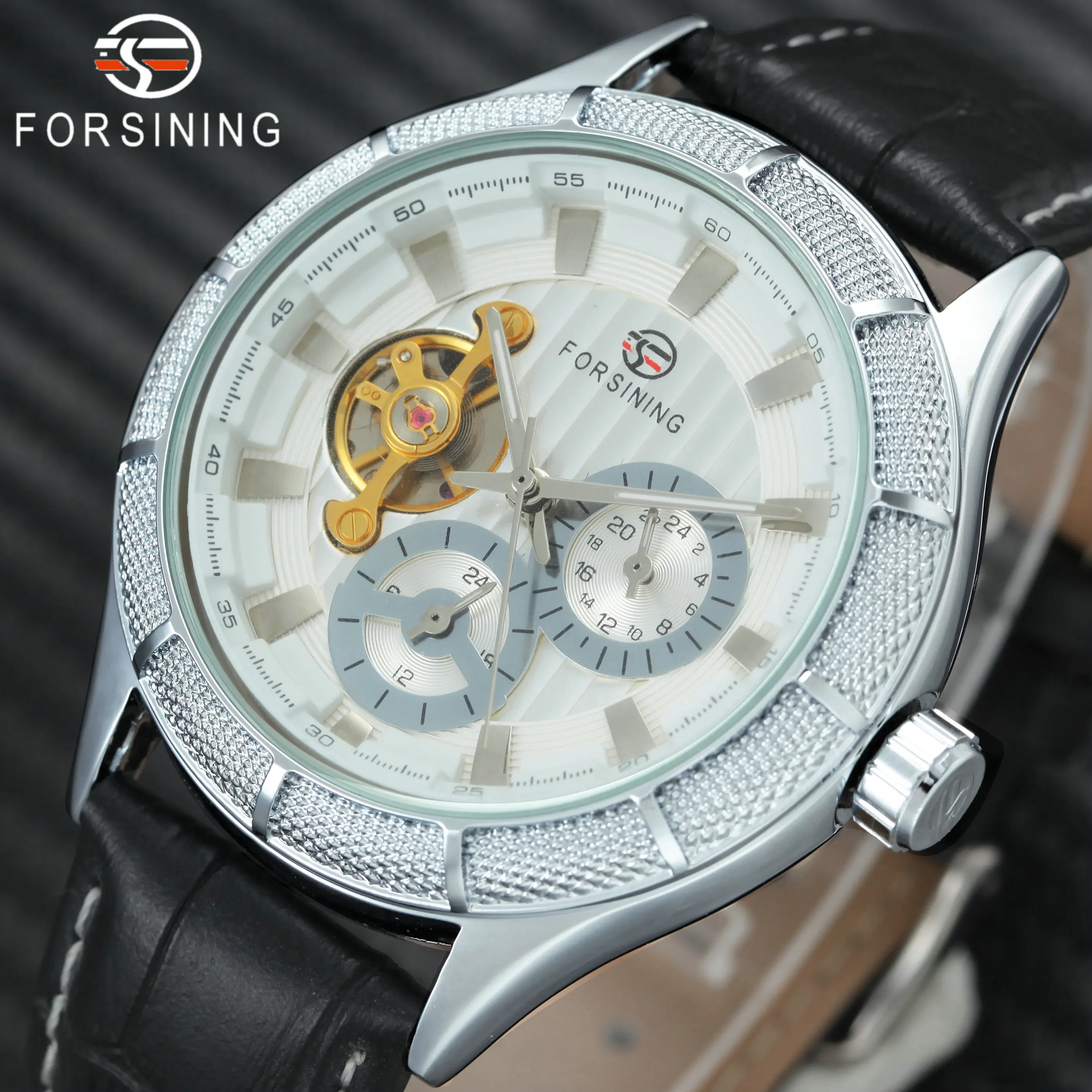 

FORSINING Unique Fashion Auto Mechanical Watches Men Tourbillon Sub-dials Design Dial Leather Strap Top Brand Luxury Men Clock