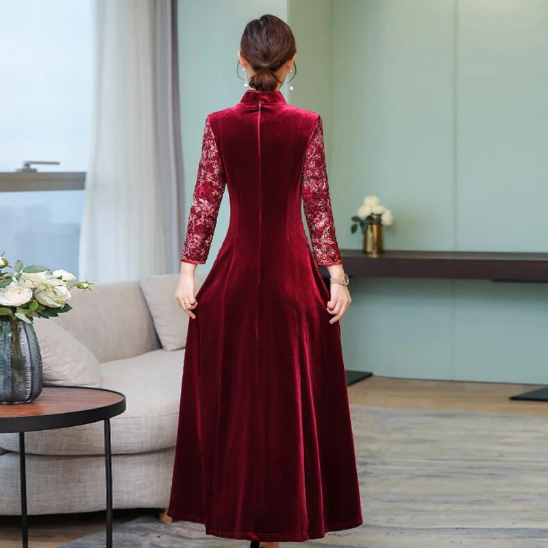 2019 Демисезонный золото бархат платье с вышивкой Для женщин роковой элегантный