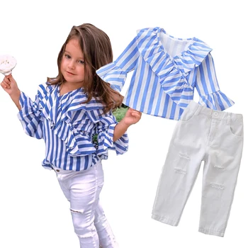 

Summer Autumn Girl Clothes Set Blue Striped Long Sleeve Shirt Tops Solid White Long Pants Girls Set Clothing Kids Suit 2-6Y