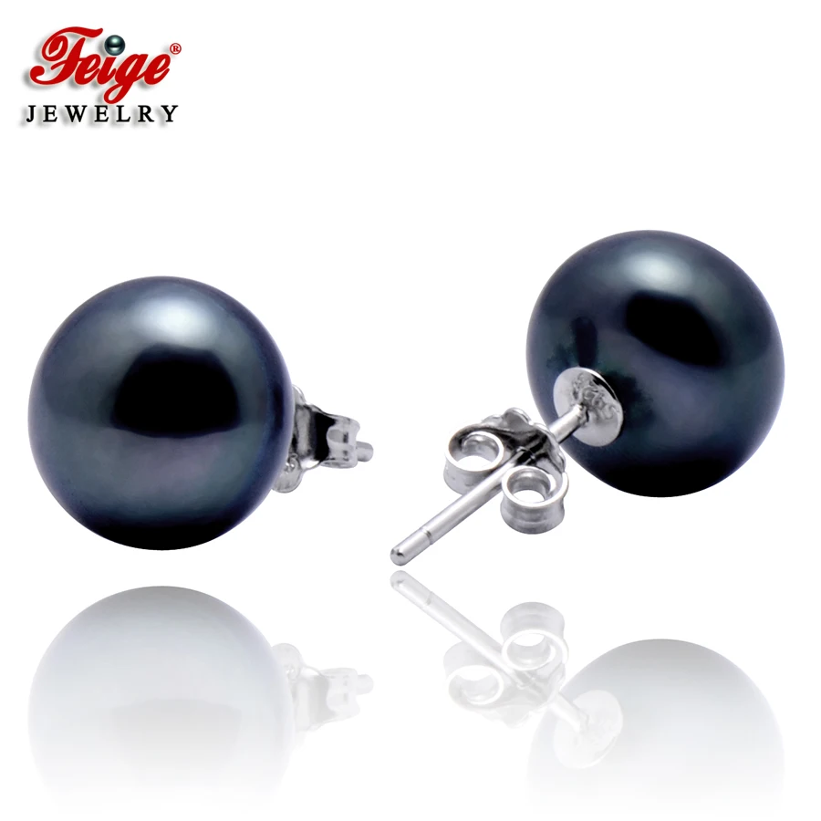 

FEIGE 9.5-10mm Black Pearls Freshwater 925 Sterling Silver Classic Pearl Stud Earrings for Women Wedding Address Fine Jewelry
