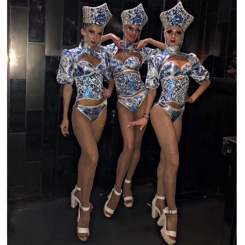 

Blue and white porcelain stage costume sets Fashion female singer costume stage sexy slim clothing bar ds dj jazz dance outfit