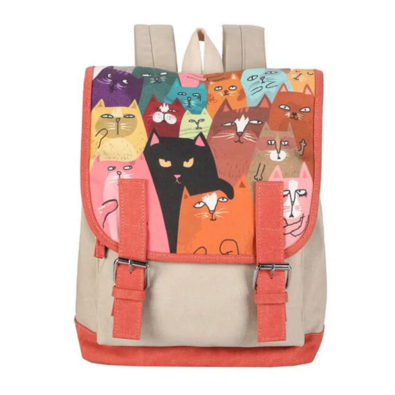 Cute Cat Women Canvas Backpack Drawstring Printing Backpacks for