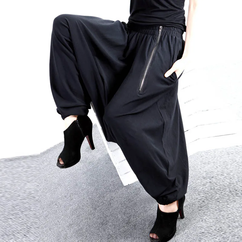 ZANZEA Модные женские эластичные свободные брюки Harlan с карманами на молнии в стиле ретро мешковатые брюки с заниженным шаговым швом плюс длинные широкие брюки