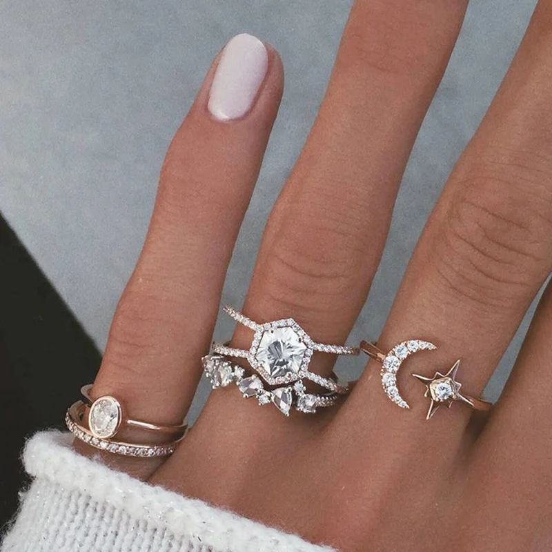 

5 Pcs/Set Boho Star Moon Water Drop Round Crystal Gold Open Rings Female Exquisite Shiny Irregular Joint Ring Set Combination