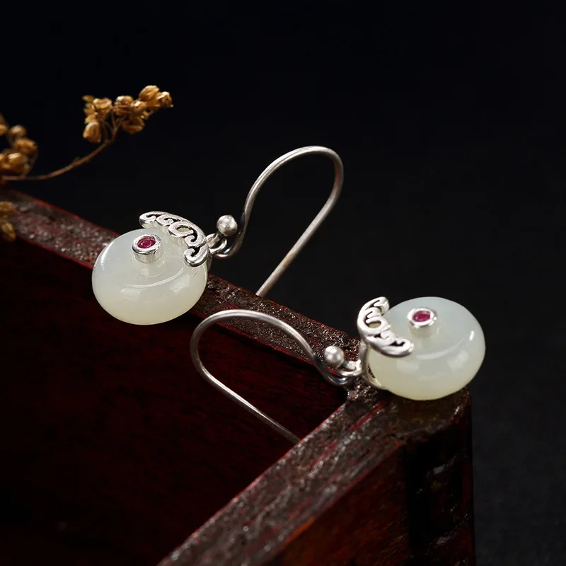 Чистого серебра декор restoring ancient ways MS(hetian) нефрита, whiteearrings высокого качества в стиле «Джокер» висячие серьги, для ушей крюк