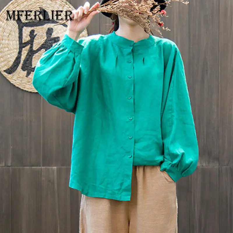 

Mferlier Women Blouses Stand Collar Pleat Long Lantern Sleeve Simple Solid Loose Ladies Smart Casual Cotton Linen Blouse