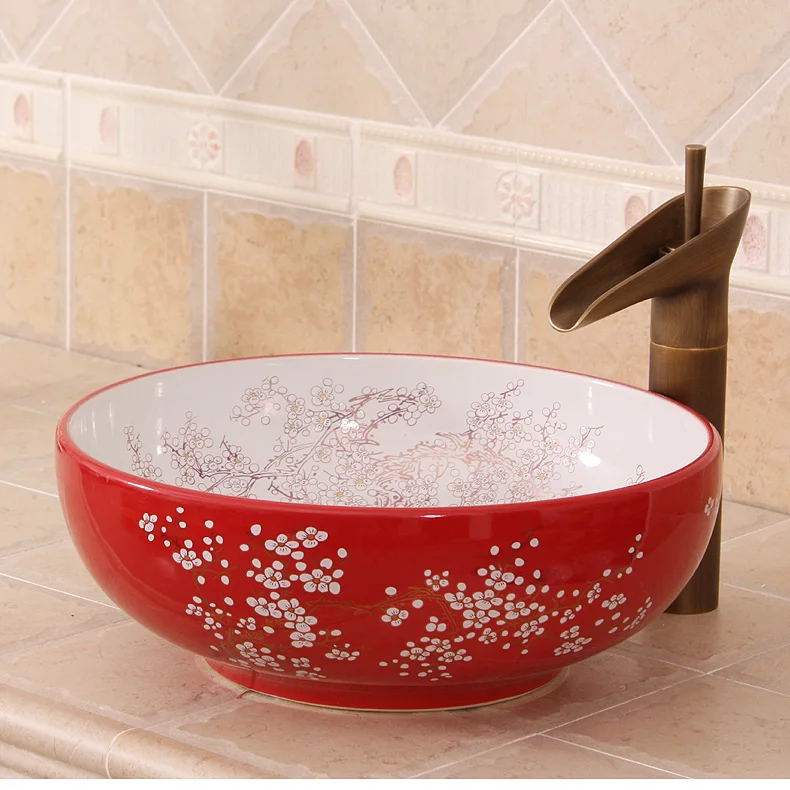 China Artistic Handmade Engraving Ceramic Lavobo Round Countertop size of wash basin plum blossom painting white (6)