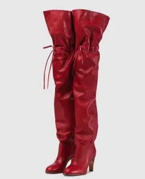 

Autumn New 2018 Brand Woman Solid Red Black Round Toe Square Toe 100 mm Heel Lace Up Over The Knee Slip On Leather Thigh Boots