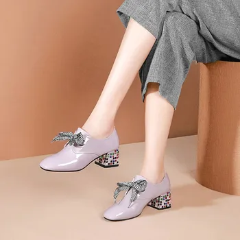 

zorssar 2019 women pumps autumn spring Cow leather square heel purple color crystal heel high heels lady shoes party size 34-42