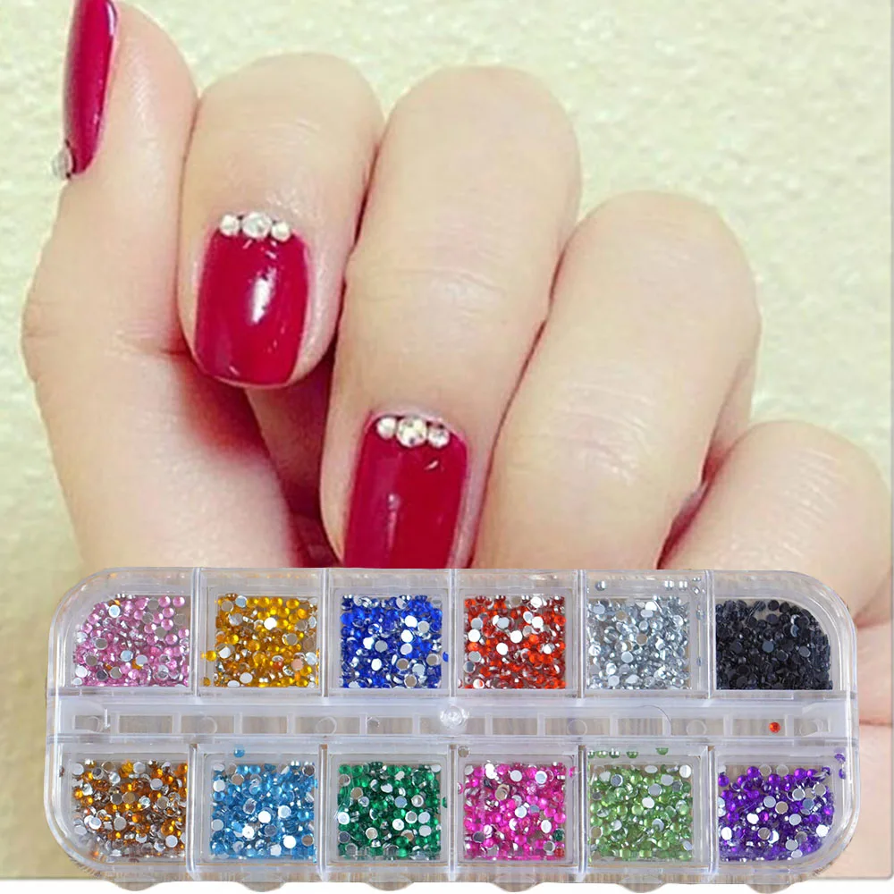 500Pcs 2mm Round Rhinestones 12 Colors Hard Case Nail Art Tips