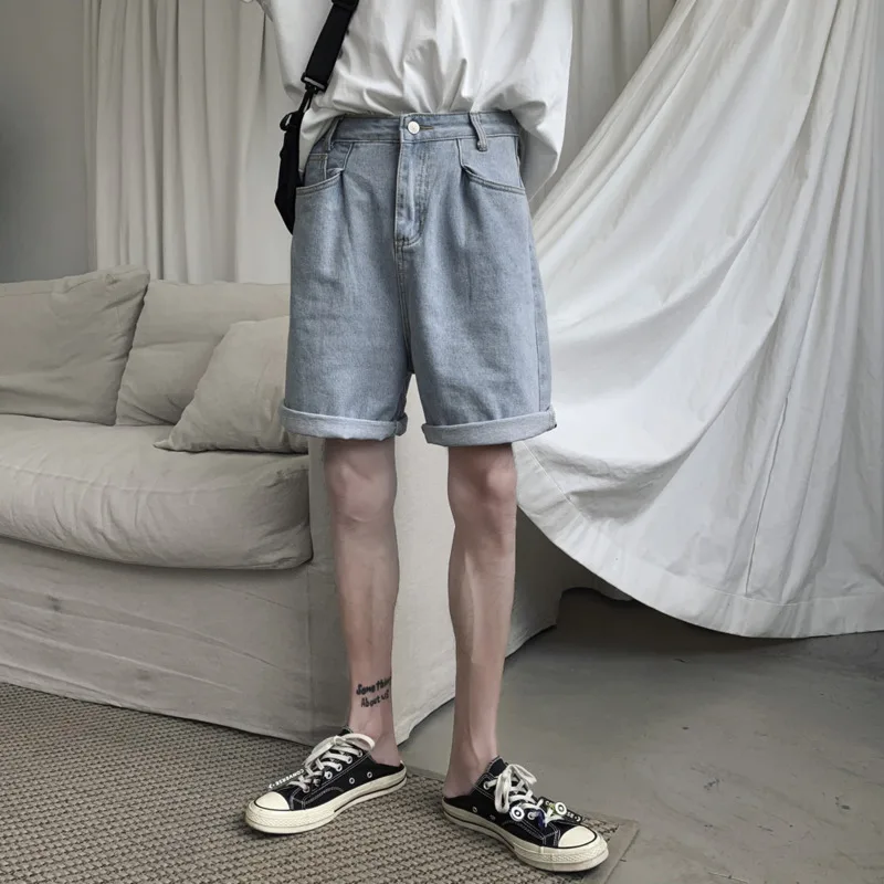 2019 Autumn New Korean Men's Simple Retro Thin Section Trend Wild Color Light Blue Denim Casual Shorts Hip Hop Streetwear | Мужская