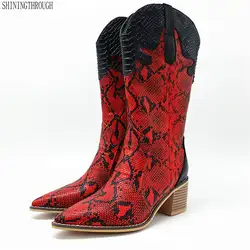 Модные из натуральной тисненой кожи Для женщин ботинки до середины икры носком ковбойские сапоги Вестерн высокий толстый каблук мотоботы