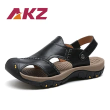 AKZ Лето Для мужчин сандалии пляжные шлепанцы из коровьей кожи дышащие мягкие удобные мужские туфли на плоской подошве для взрослых мужской обуви
