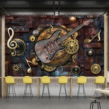 Пользовательские росписи обоев покрытия стен ретро металл Шестерни музыкальные ноты Гитары бар КТВ Задний план картину украшения Настенная живопись