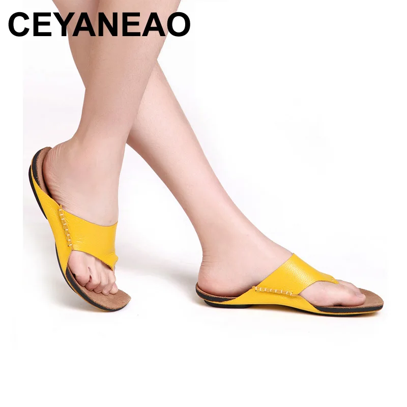 

CEYANEAO Shoes Woman Flip Flops 100% Genuine Leather Slippers 2018 Beach Slides Women's Summer Shoes (3166-3)