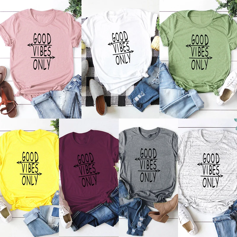 Летние топы женская футболка забавная Good Vibes Only с буквенным принтом коротким