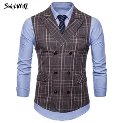 Sukiwml Coletes masculino социальных 2018 Новый плед двубортный жилет Slim Fit мужской костюм жилет Высокое качество; для свадьбы жилет Для мужчин