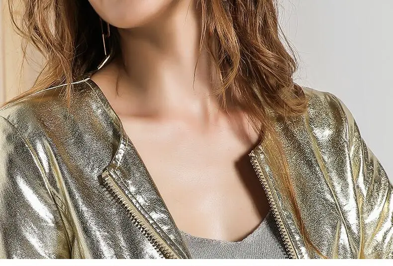 MSAISS Европейская мода Золотая кожаная куртка для женщин металлик Панк ветер весна женская кожаная короткая куртка