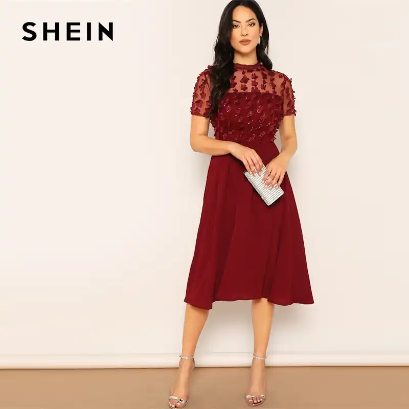 flower applique mesh panel flare midi dress