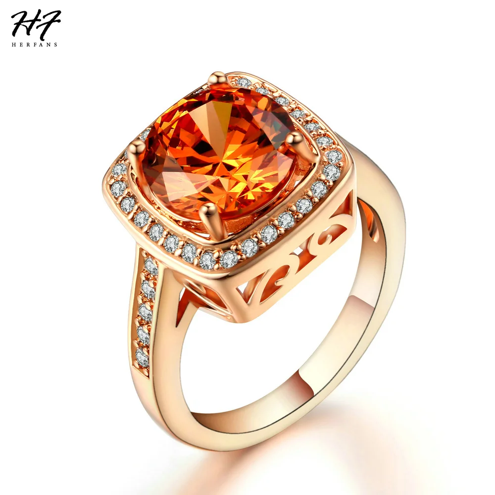 Trendy Champagne Crystal Rings for Women AAA+ Cubic Zirconia Rose Gold Color Fashion Jewelry Xmas Gift for Girls R057