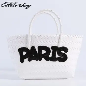 

Colorful Embroidered Beach Bag Fashion Women Knitting Vegetable Basket Hobos Large Capacity Letters Eye Woven Shopping Handbag