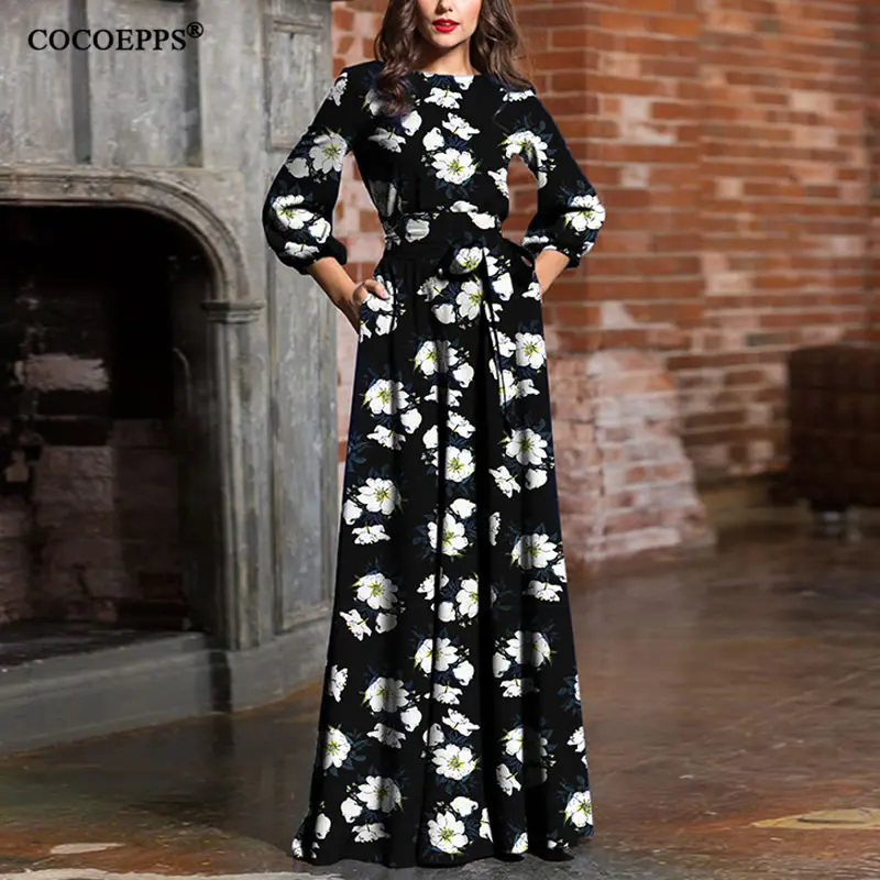 

2019 vintage floral printing long dress maxi elegant evening party women dress female vestidos spring summer clothing for girls