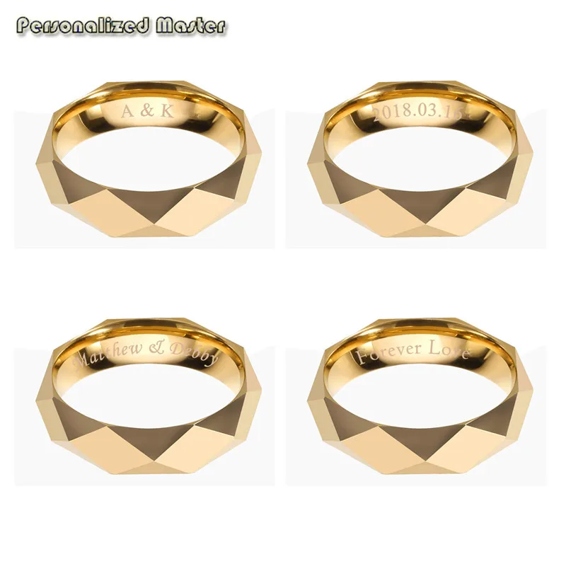 Personalized Master Tungsten Rings - Personalized 6mm Multi-Faceted Tungsten Carbide Rings Gold Polished Wedding Ring