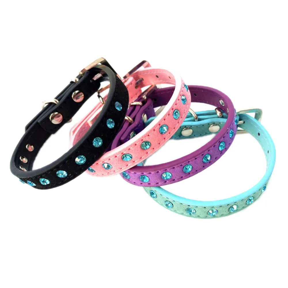 

Genuine Leather Dogs Collars Suede Skin Blue Rhinestones Decorative Collar for Small Medium Dogs Pet Accessories collare cane