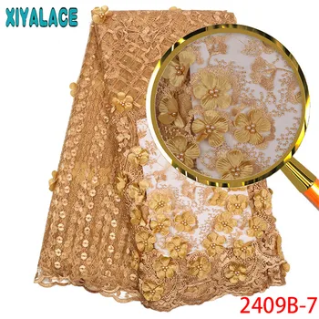 

Hot Selling Products Pink French Tulle Mesh Lace Fabrics With Stones 3D Flowers Beaded Embroidered Lace Fabrics QF2409B-2