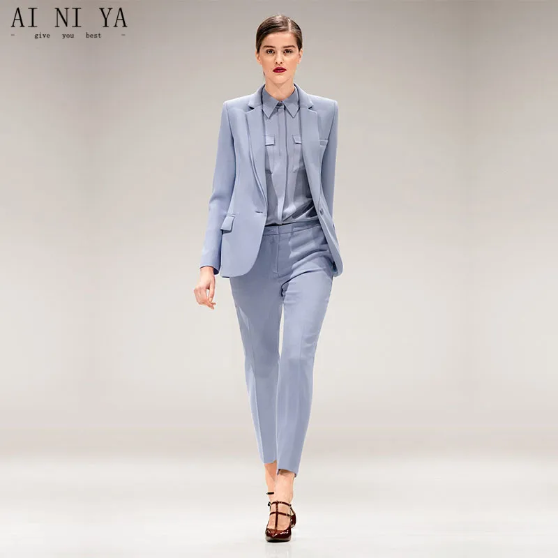 Jacket+Pants Light Blue Womens Business Suits Female Office Uniform