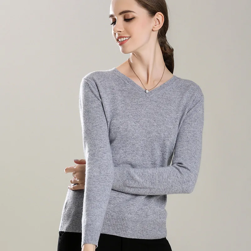 Горячая Распродажа, Женский пуловер из 100 кашемира с v-образным вырезом, цвета, базовый стиль, женский джемпер, теплый зимний, необходимый, подходит ко всему, свитер - Цвет: Серый