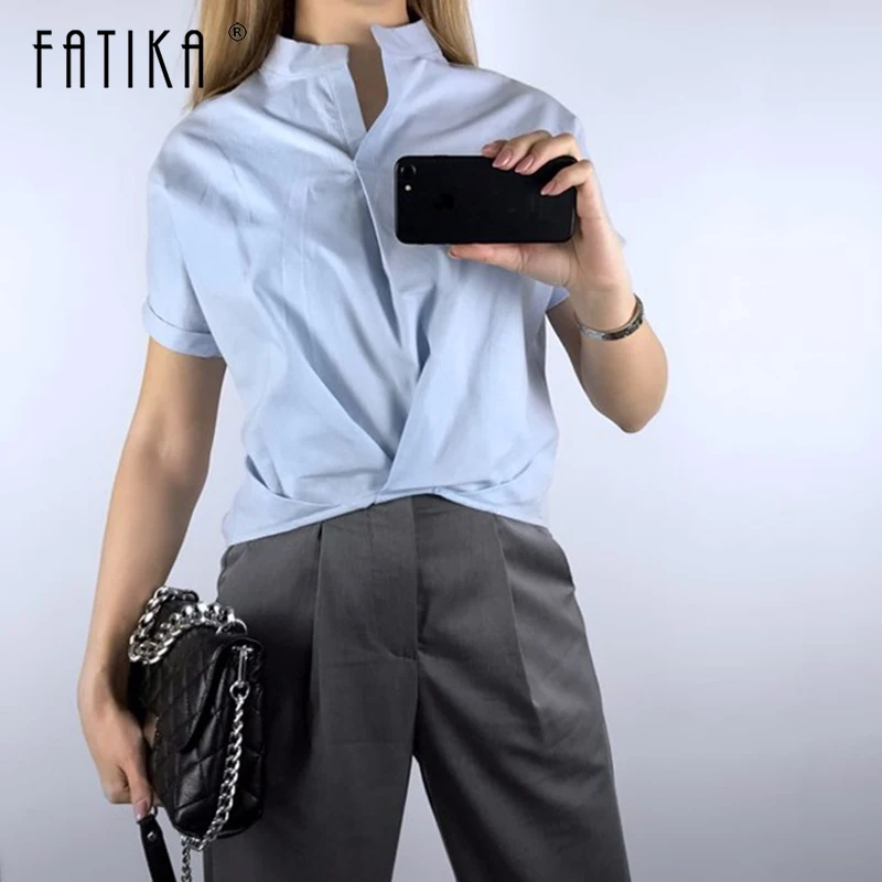 

FATIKA Loose Blouse V-Neck Solid Shirts Stand Collar Streetwear Short Sleeve Tops Trendy Casual Plus Size 2019 Summer New Hot