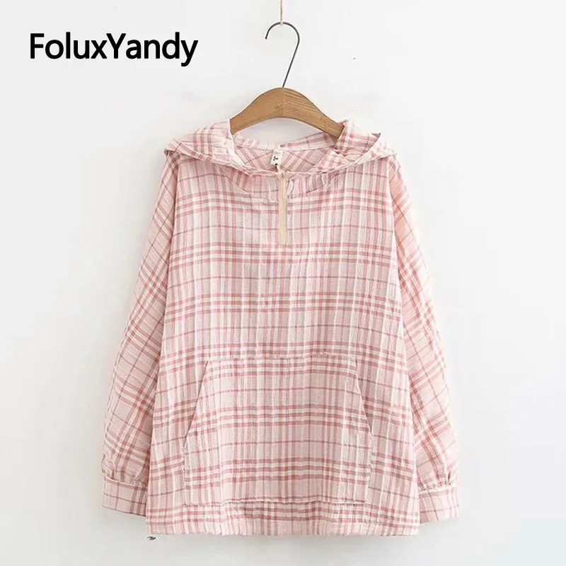 

2019 New Autumn Hoodie Women Pullovers Plus Size Casual Plaid Batwing Sleeve Cotton and Linen Hoodies Sweatshirt Thin KKFY3810