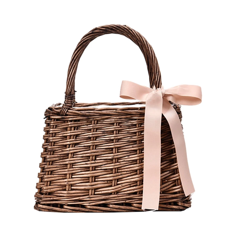

New Summer Fashion Woman Spliced Bow Brown Color Double Handles Light Portable Straw Handbag