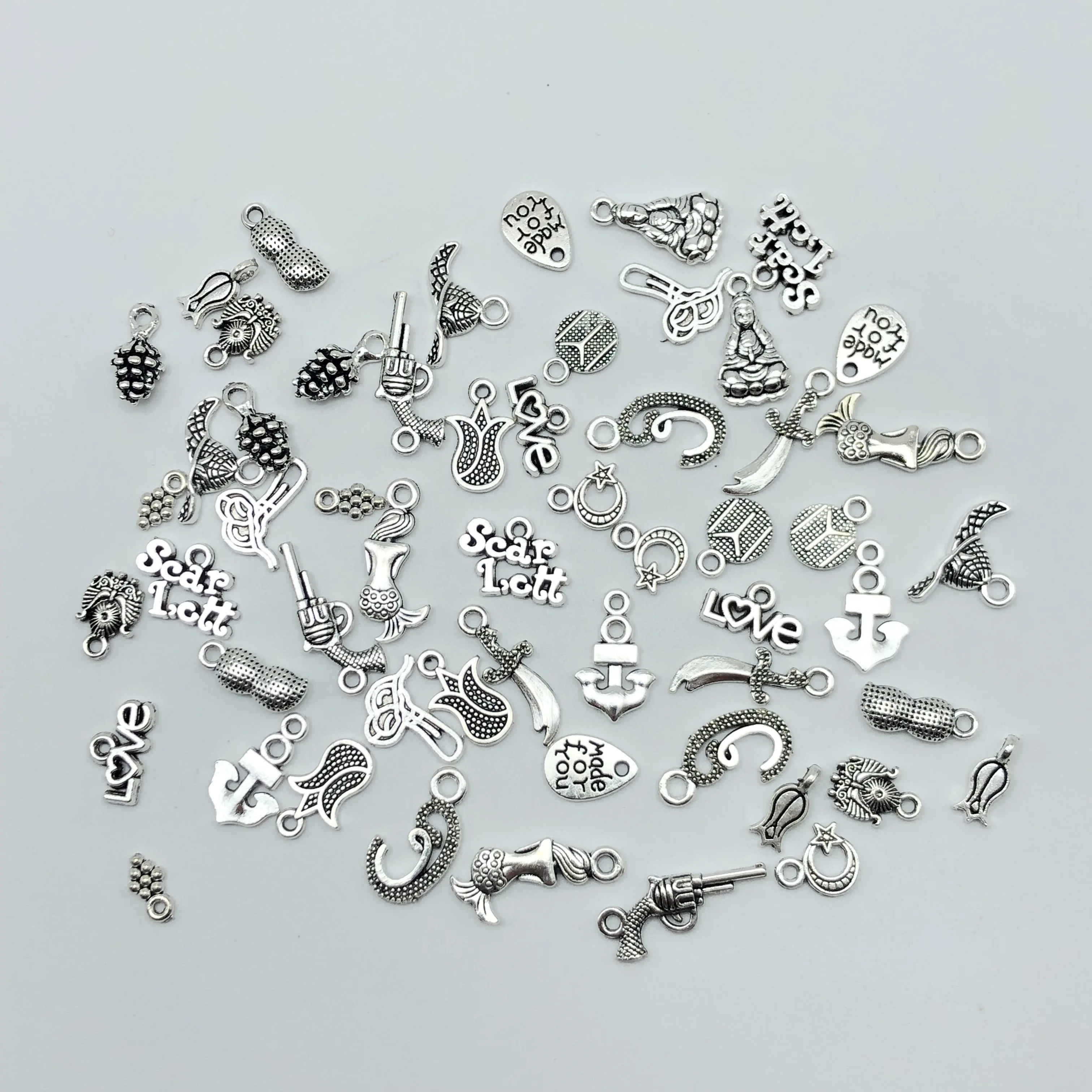 

30pcs mixed antique silver Turkish National Emblem Guanyin Grape Mermaid Hat Pistol droplets peanuts Flower anchor Charm Pendant