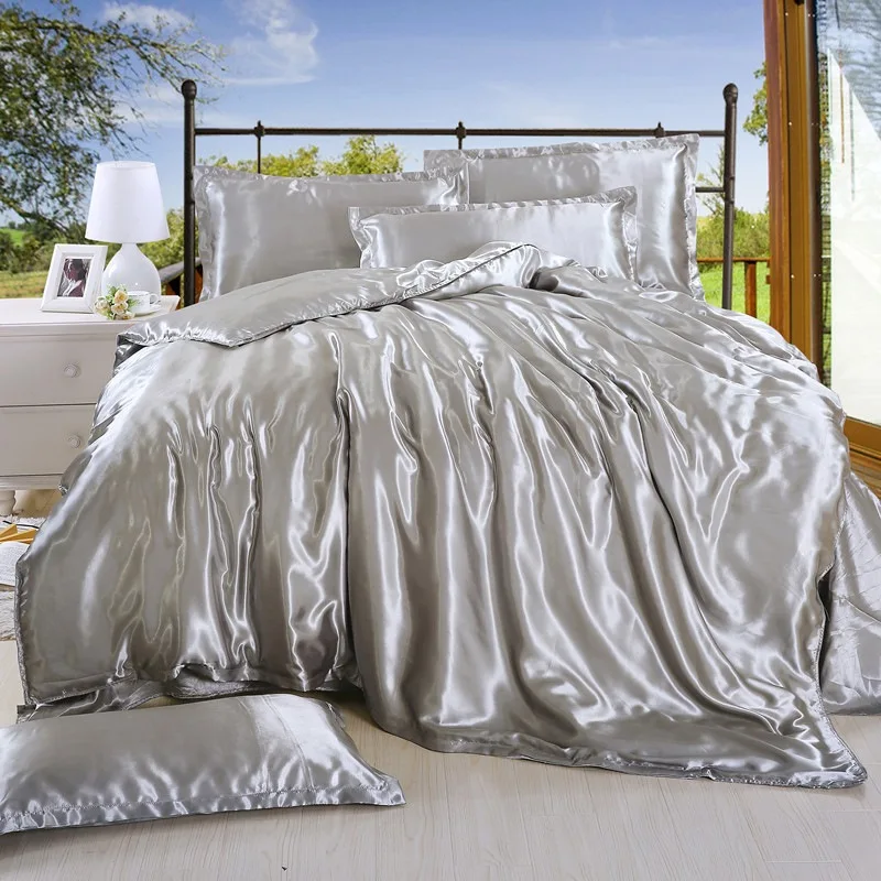 Best 100% Pure Satin Silk Bedding Sets Solid Home Textile King Size Bed Set Bedclothes Duvet Cover Flat Sheet Pillowcases