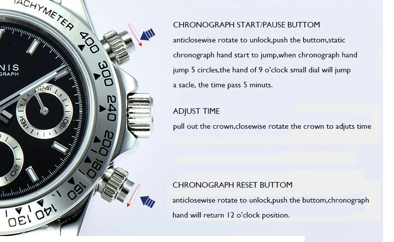 Parnis Commender Seriers светящийся мужской ремешок из нержавеющей стали Военный Спортивный Хронограф Кварцевые наручные часы