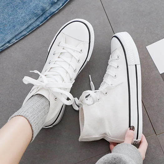 White High Top Простая холщовая Обувь Кеды больших размеров; высокие кроссовки; 10 шлепанцев с круглым носком; женские дышащие белые шлепанцы на плоской подошве со шнуровкой; 11 - Цвет: White High Top