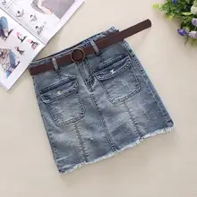 Синие женские джинсовые юбки летние юбки с большими карманами и кисточками в стиле H эластичные шорты до колена с пуговицами джинсовые юбки 960