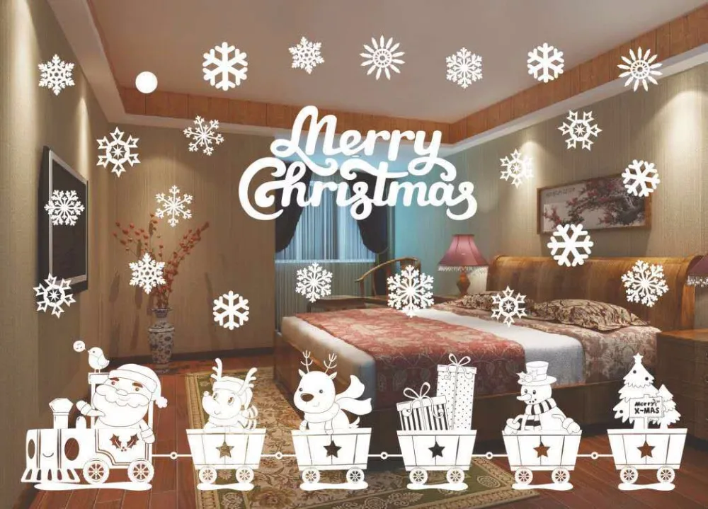 Рождественские украшения на окна Санта-Клаус, олень, снеговик, снежинки, колокольчики, рождественские наклейки