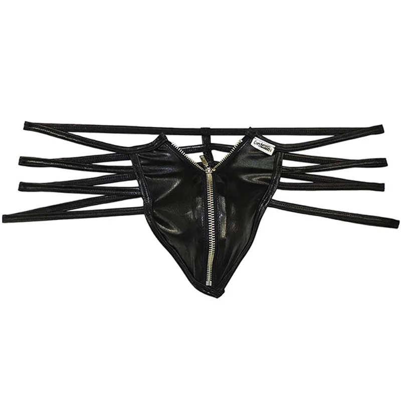 S-XL Jockstrap Black Patent Leather Strappy G String Gay Panties Erotic Men Zipper Front Sexy Bandage Jock Strap Sissy Underwear (6)