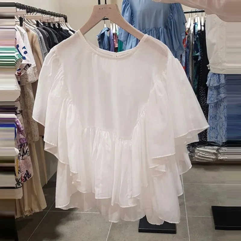 

2019 Summer New Fashion Irregular Women Shirts Cotton Ruffled Fashion Blouses Ans Tops Female Solid Color Wild Women Clothing