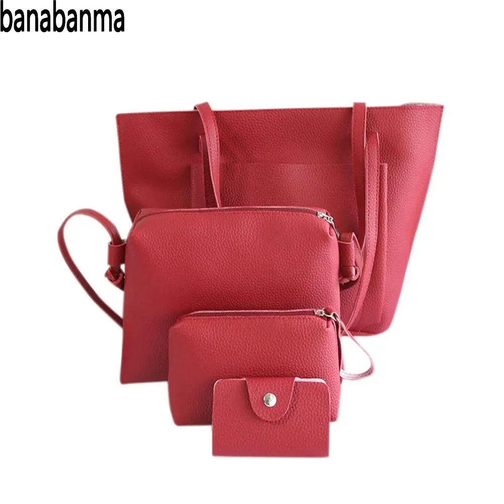 Banabanma 4 Pcs/ Set Simple Handbag Casual Solid Color Bags Set Women