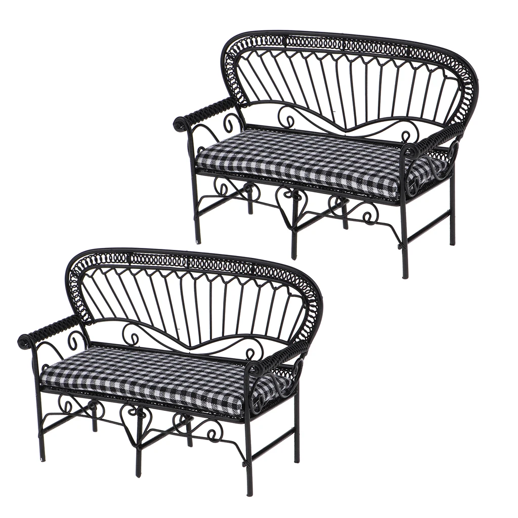 2Pcs 1/12 Dollhouse Miniature Furniture Living Room Garden Vintage Iron Double Chair Double-Seat Sofa Model